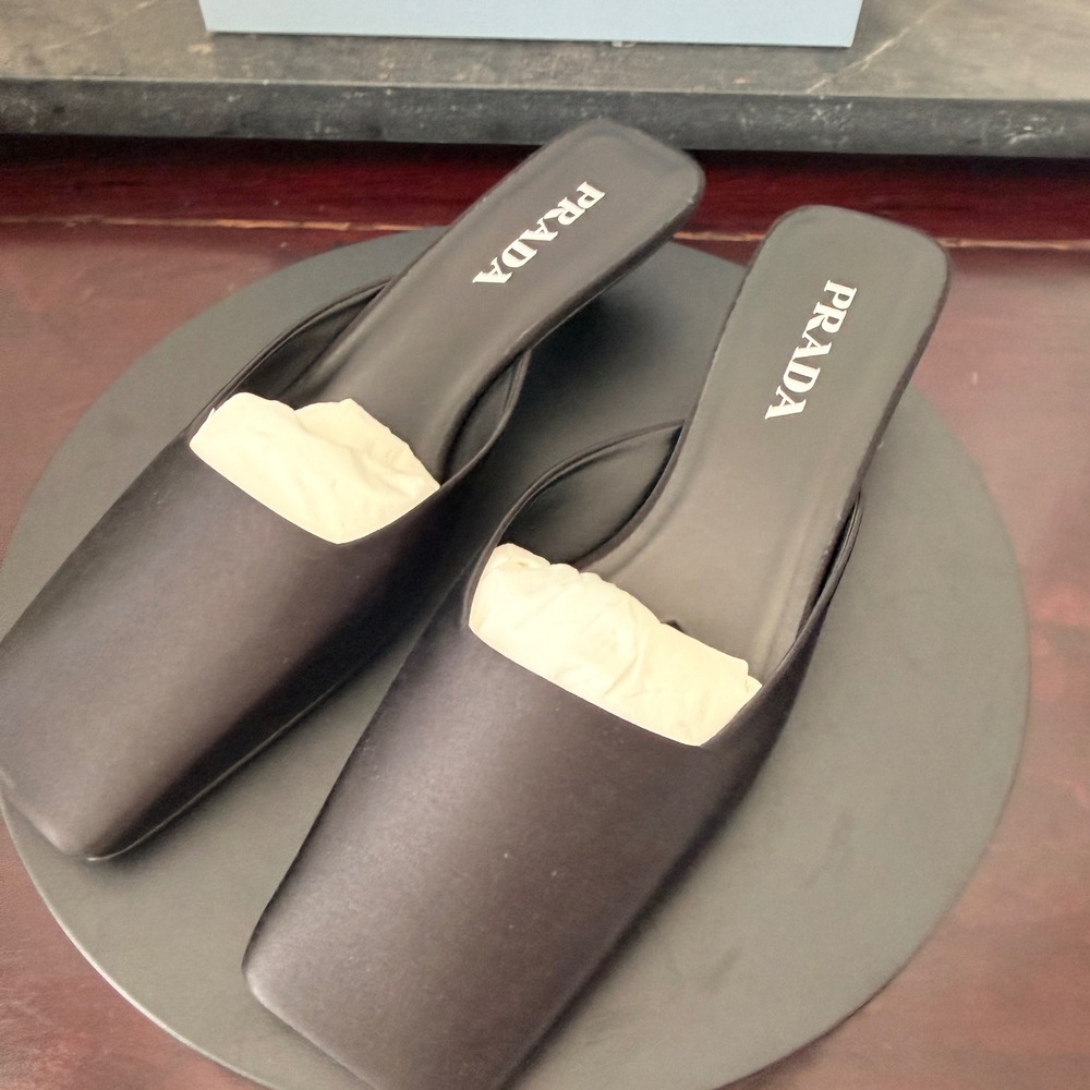 Prada 1I479N Black Satin Square Toe Kitten Heel Mules Sandals Shoes IT 40 - Picture 3 of 13